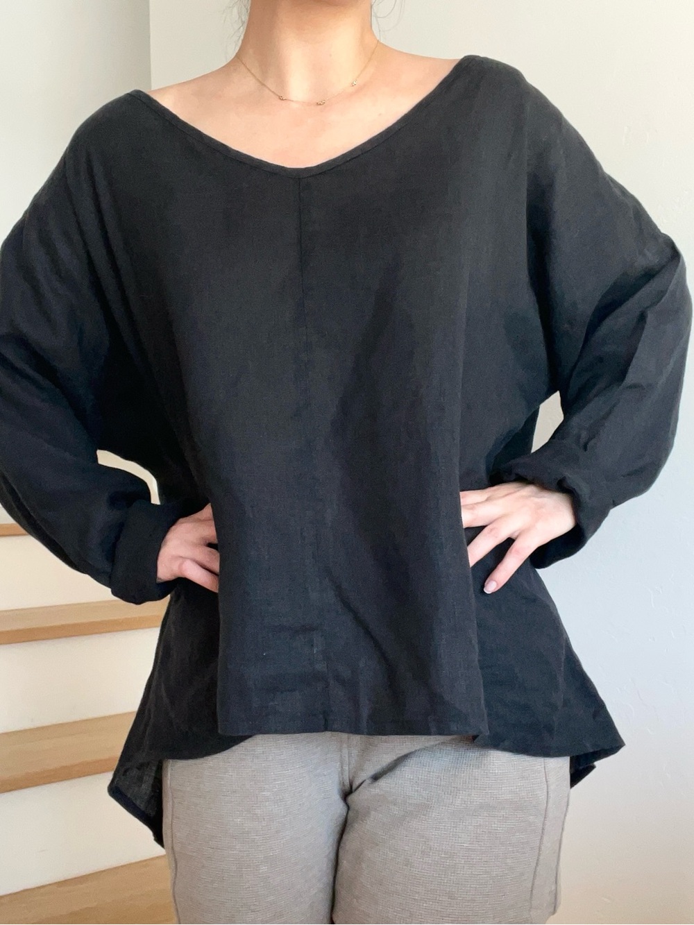 Flax V-Neck 100% Linen Black Flowy Oversized Pullover Shirt Tunic Top Size Large